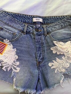 Blue Denim Shorts Cut offs Vintage Lace American Flag Patch 4th July